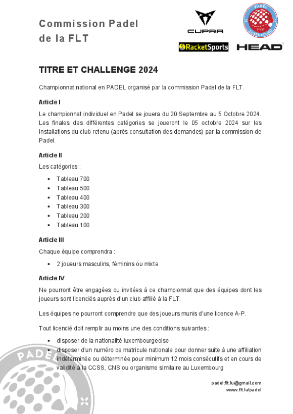 Règlement Championnat national Padel 2024