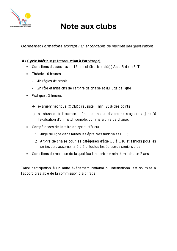 Note aux clubs - Arbitrage - Formations FLT et conditions de maintien des qualifications